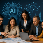 Equipo de personas analizando datos en mesa con gráfico de inteligencia artificial en pantalla, ilustrando colaboración en proyectos de IA en la CDMX.