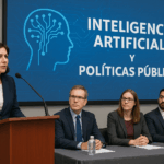 Panel sobre inteligencia artificial y políticas públicas con participantes y presentadora, ilustrando la discusión de lineamientos en IA.
