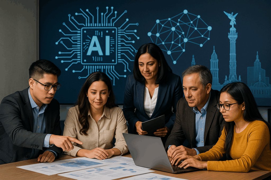 Equipo de personas analizando datos en mesa con gráfico de inteligencia artificial en pantalla, ilustrando colaboración en proyectos de IA en la CDMX.