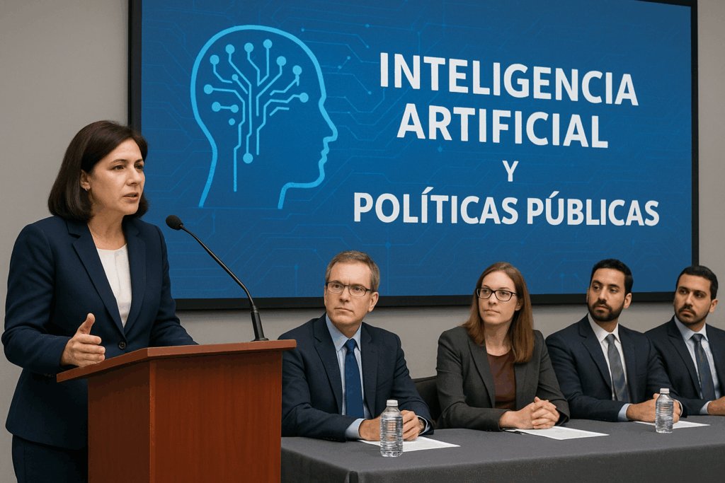 Panel sobre inteligencia artificial y políticas públicas con participantes y presentadora, ilustrando la discusión de lineamientos en IA.